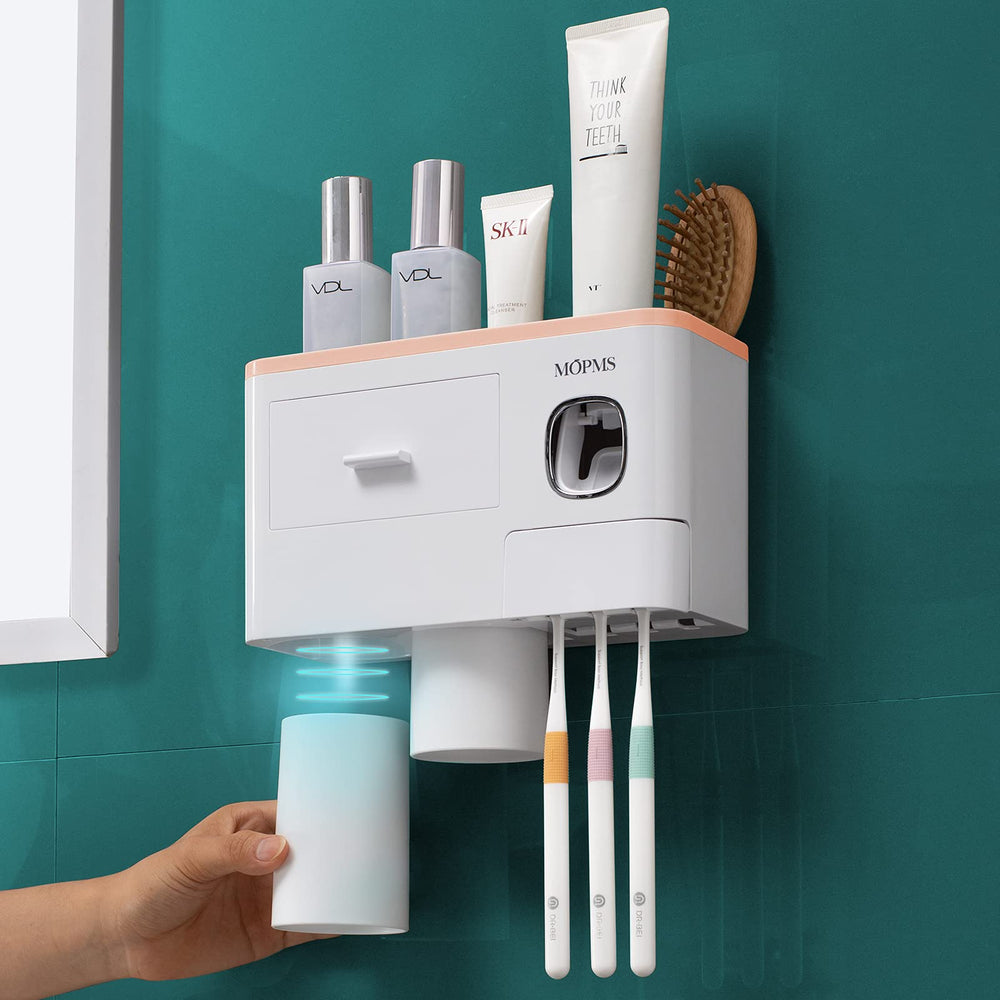 GonQin Toothbrush Holder Wall Mounted and Automatic Toothpaste Dispenser Squeezer With Cups (Ship From US) - GonQin