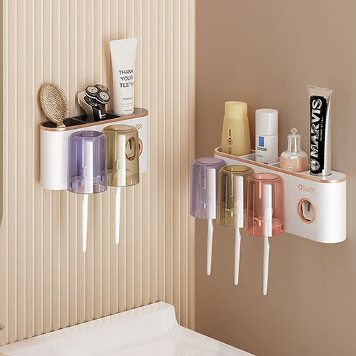 GonQin Wall Mount Automatic Toothpaste Squeezer With Colorful Transparent Cup Storage Shelf - GonQin